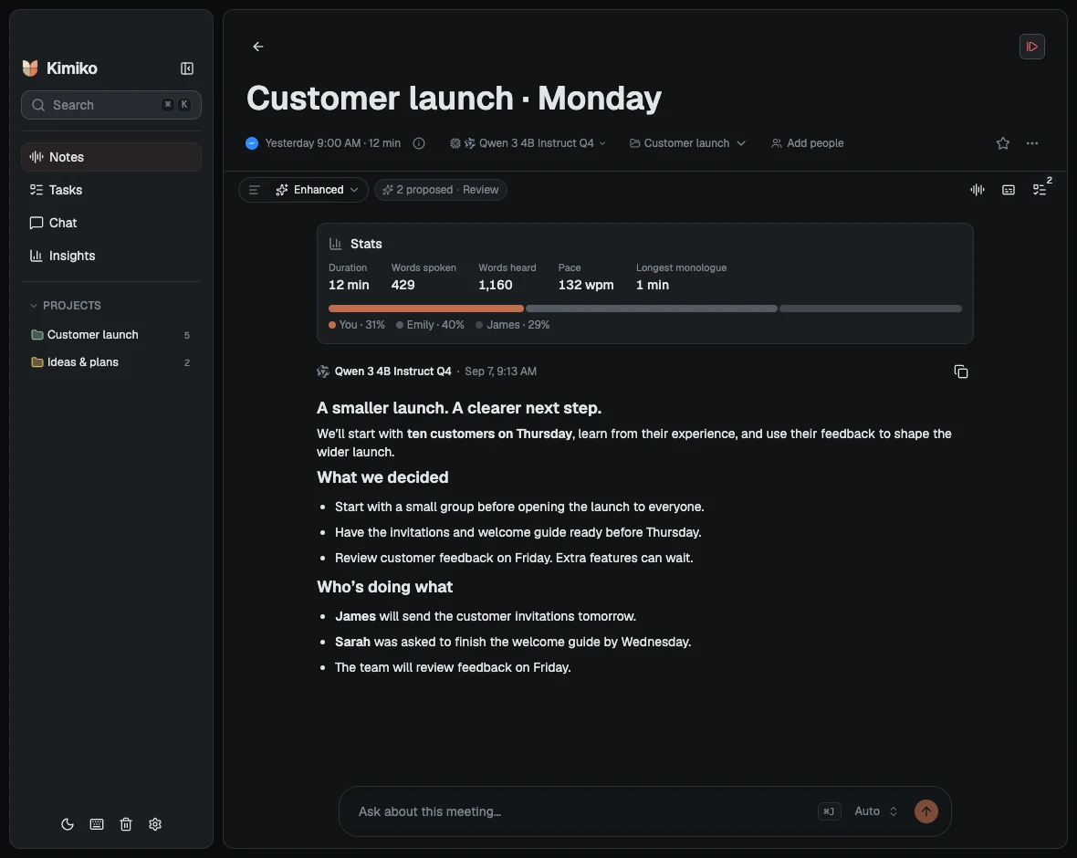 Kimiko’s dark app showing the sample customer launch meeting.