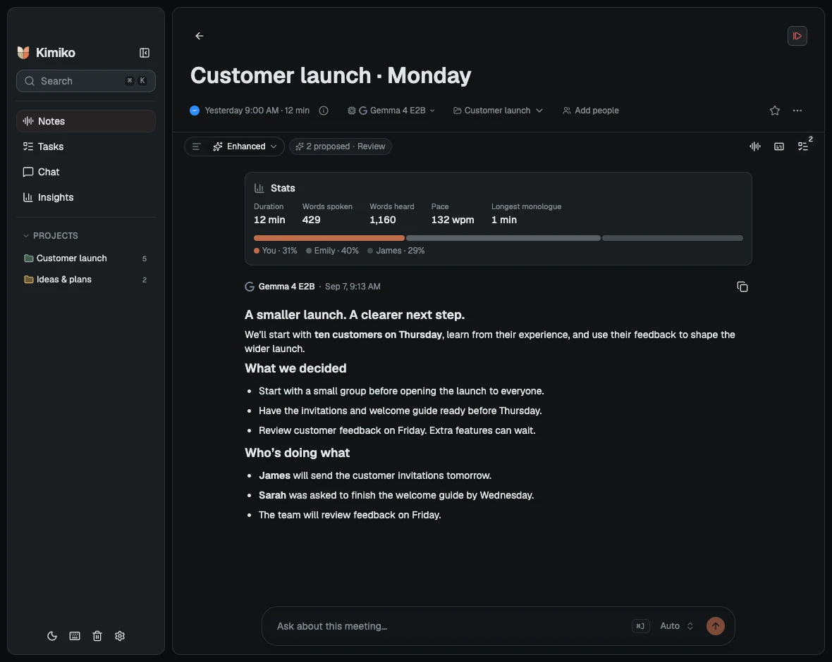 Kimiko’s dark app showing the sample customer launch meeting.