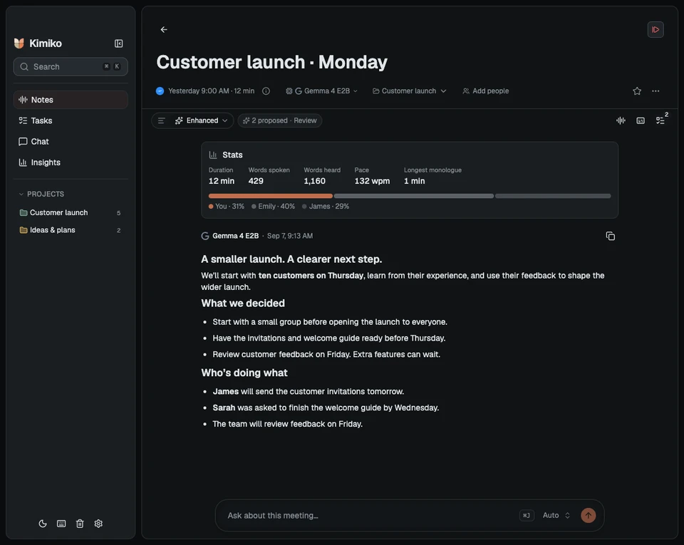 Kimiko’s dark app showing the sample customer launch meeting.