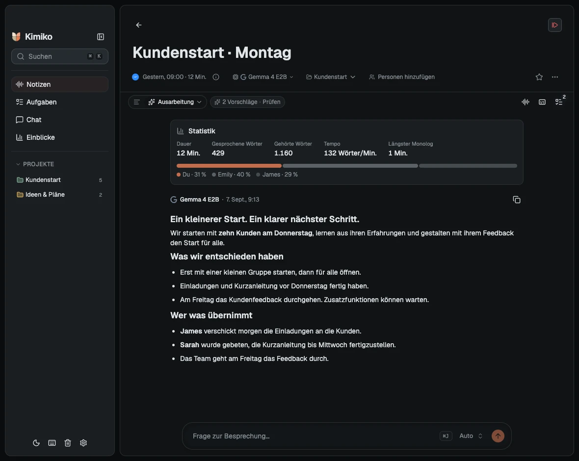 Die Kimiko-App im dunklen Modus mit der Beispielbesprechung „Kundenstart“.