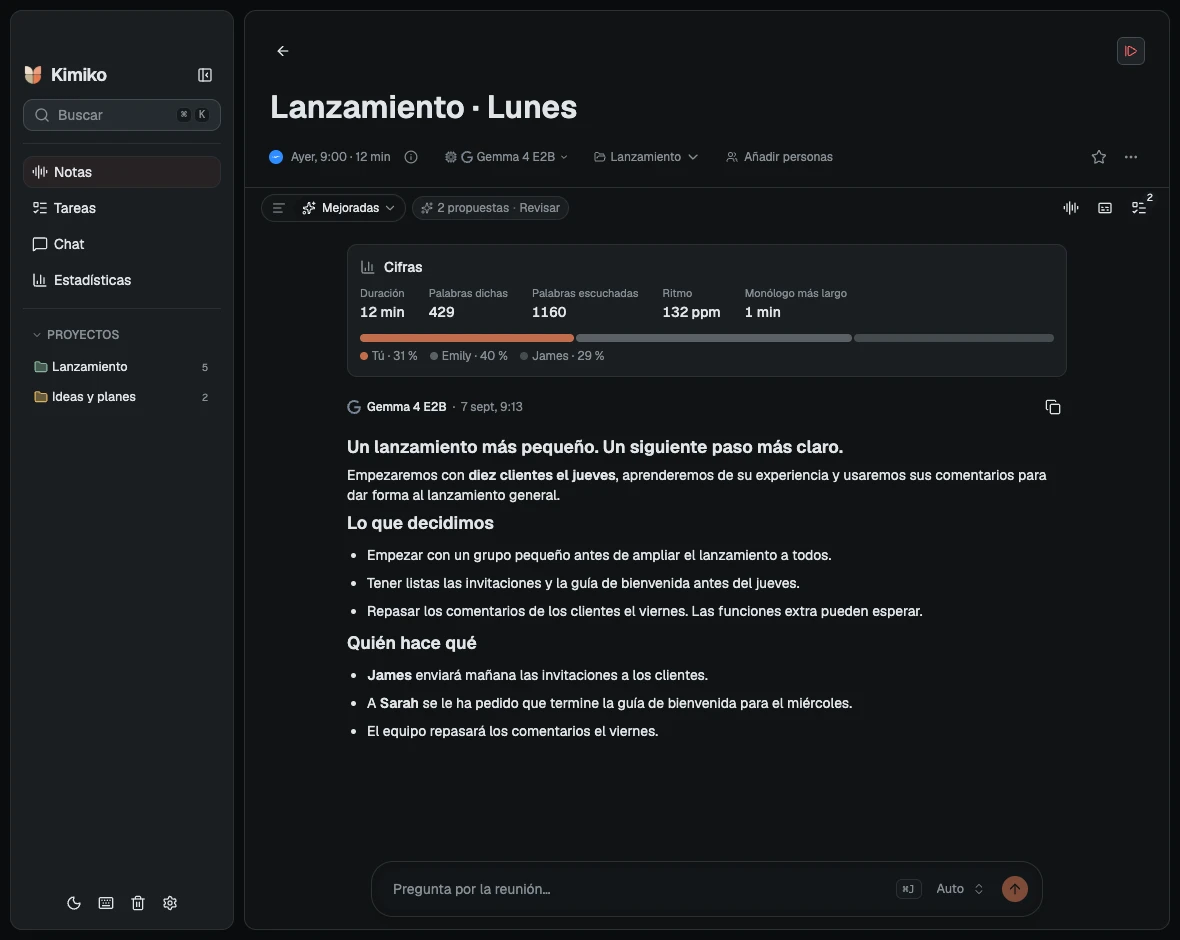 La app de Kimiko en modo oscuro con la reunión de ejemplo sobre el lanzamiento para clientes.