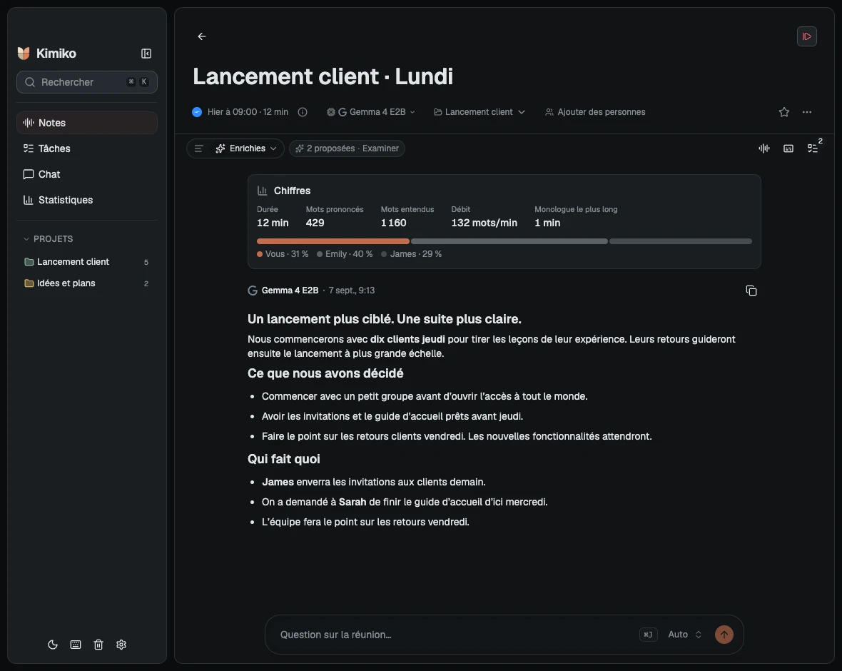 L’app Kimiko en mode sombre, ouverte sur la réunion d’exemple « Lancement client ».