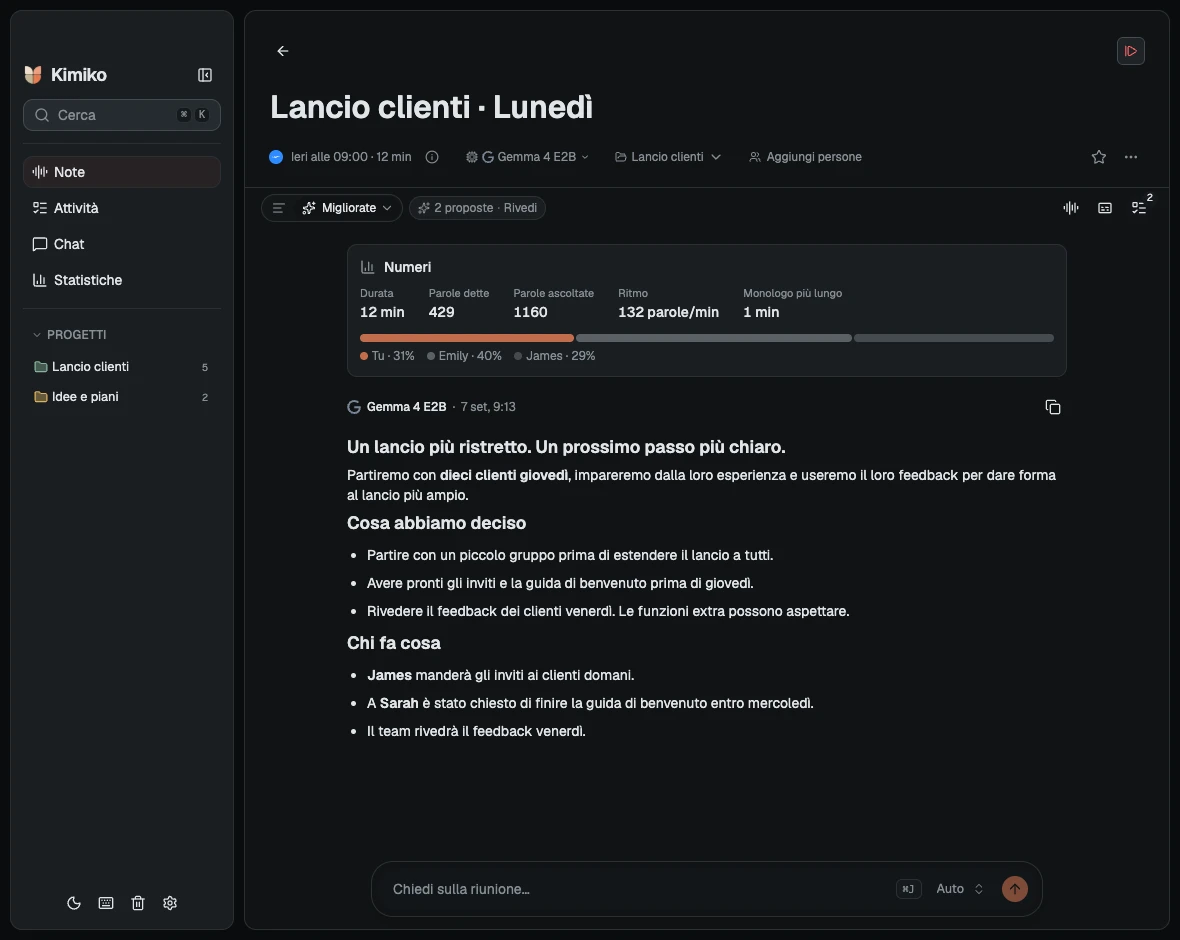 L’app Kimiko con il tema scuro mostra la riunione di esempio «Lancio clienti».