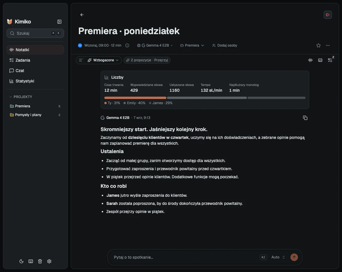Aplikacja Kimiko w ciemnym motywie z przykładowym spotkaniem o premierze dla klientów.