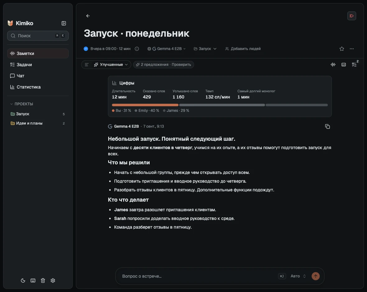 Приложение Kimiko в темной теме с примером встречи о запуске для клиентов.